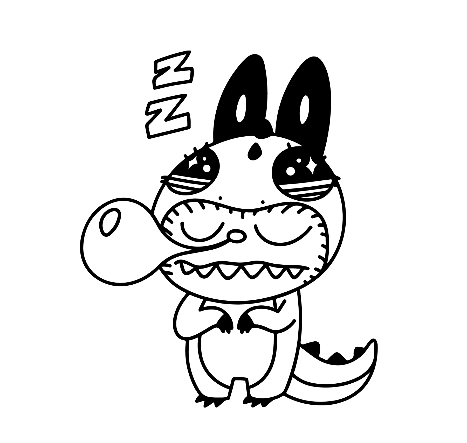 Sleeping Labubu yawning, line art for coloring